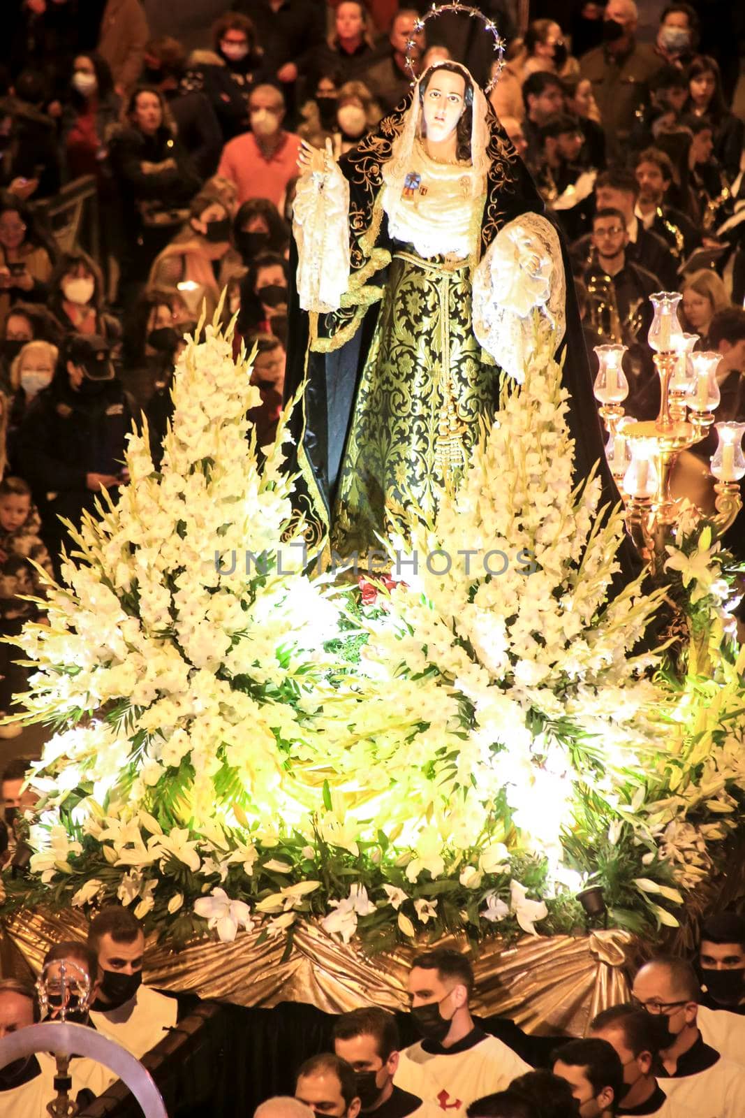 Elche, Spain- April 12, 2022: Beautiful Brotherhood Procession of Virgin Mary Mater Desolata in Holy Week in Elche