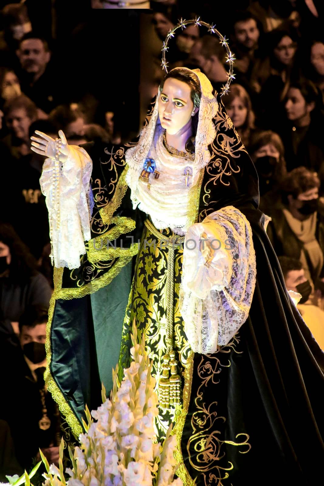 Elche, Spain- April 12, 2022: Beautiful Brotherhood Procession of Virgin Mary Mater Desolata in Holy Week in Elche