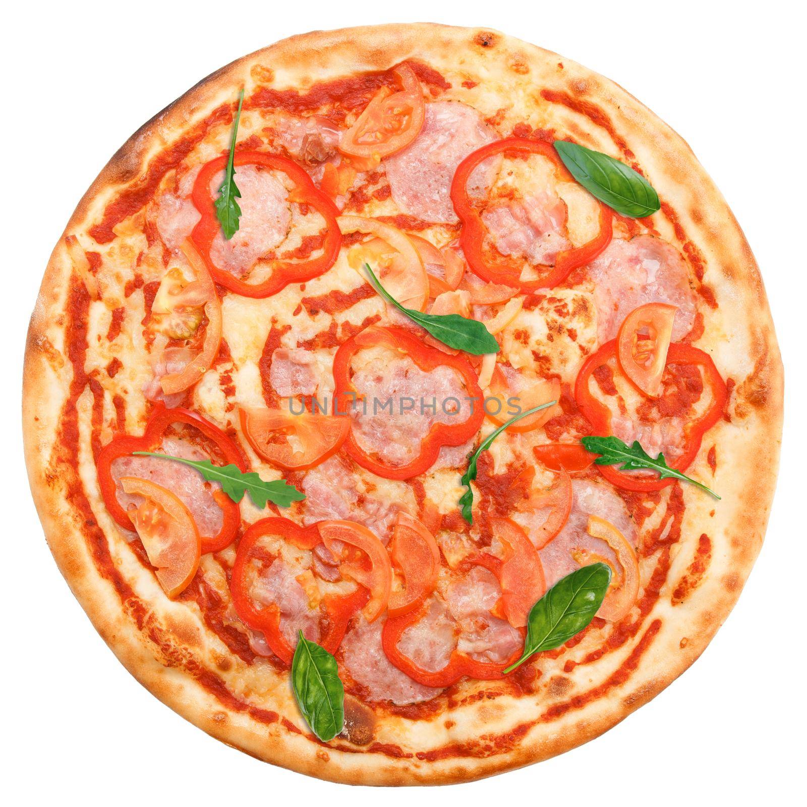 Classic Italian pizza with bacon and red pepper isolated on white background. Side view.