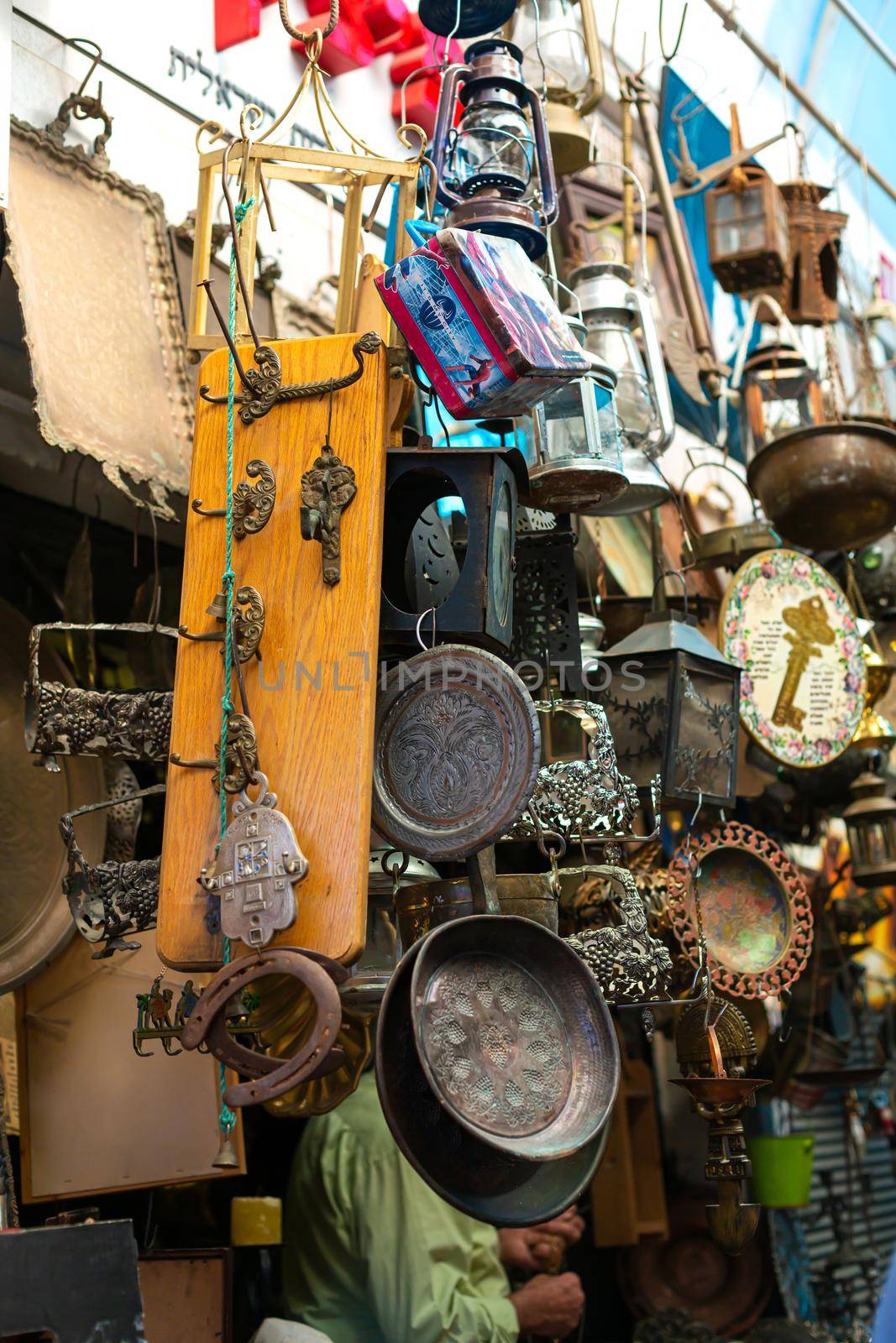 Street market of souvenirs and antiques in Israel.