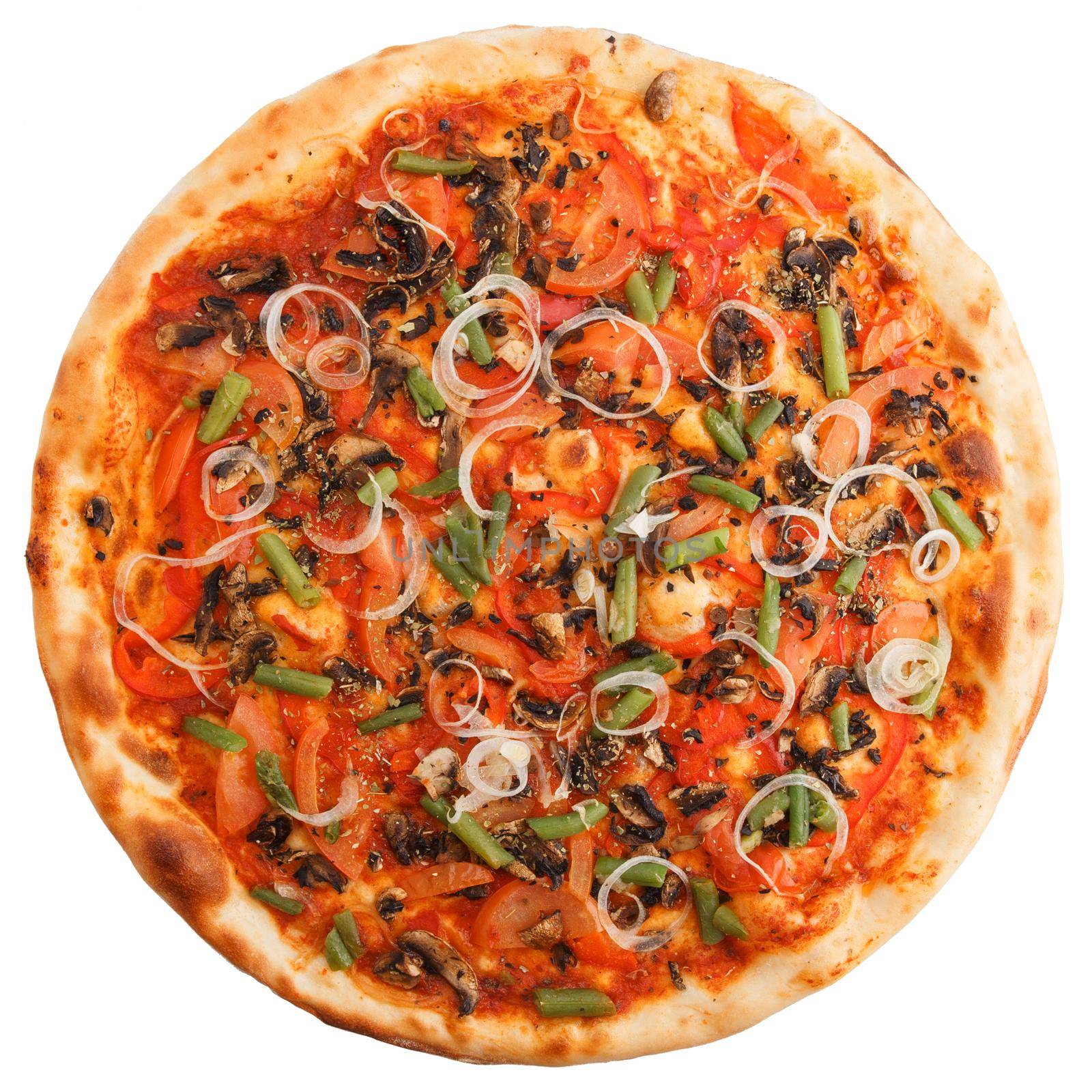 Delicious italian vegetarian pizza with tomatoes, mushrooms, peppers, onion and black olives - thin pastry crust isolated at white, top view