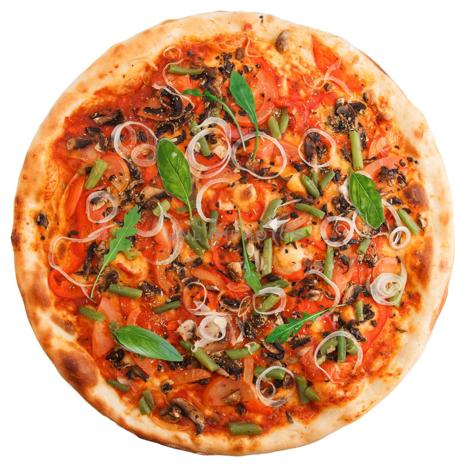 Delicious italian vegetarian pizza with tomatoes, mushrooms, peppers, onion, arugula and spinach and black olives - thin pastry crust isolated at white, top view