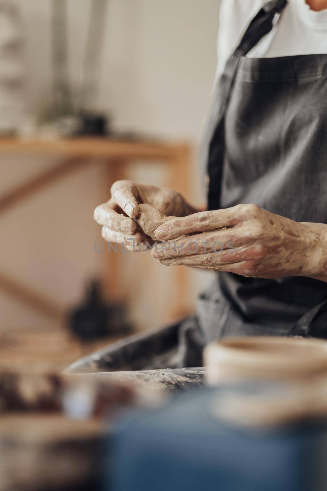Close Up of Handmade Process, Female Pottery Master Creating Product from Clay in Her Studio