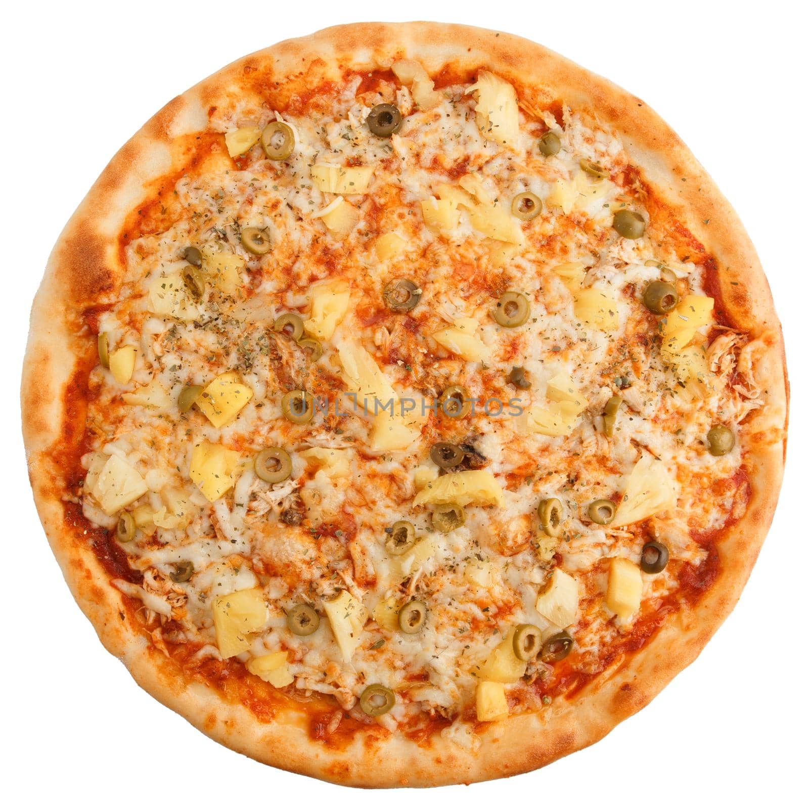 Delicious classic Hawaiian Pizza with chicken, pineapple, olives and mozzarella cheese isolated on white background. Top view.