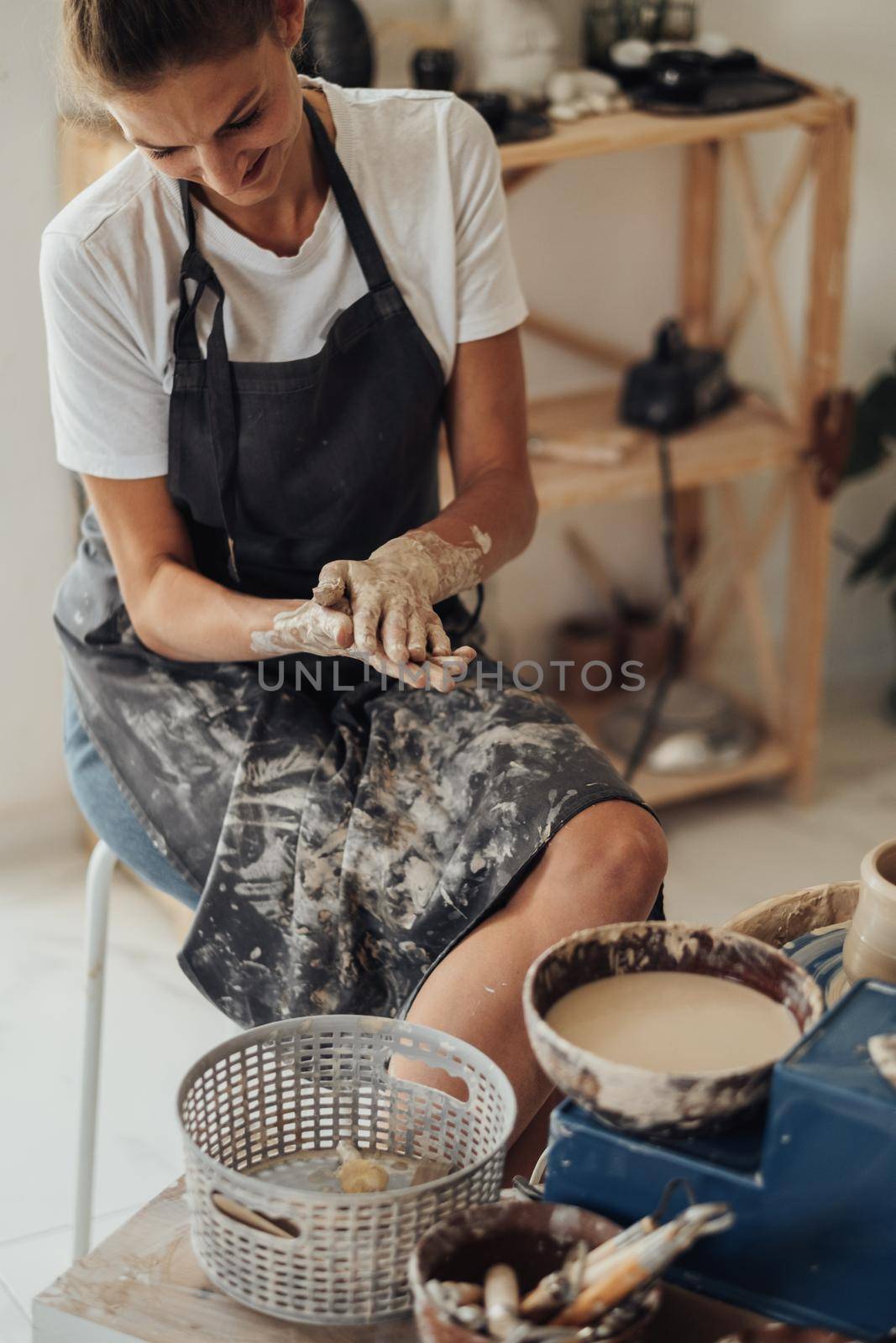 Female Pottery Master at Work in Her Clay Studio, Young Entrepreneur Woman Happy Owner of Small Business