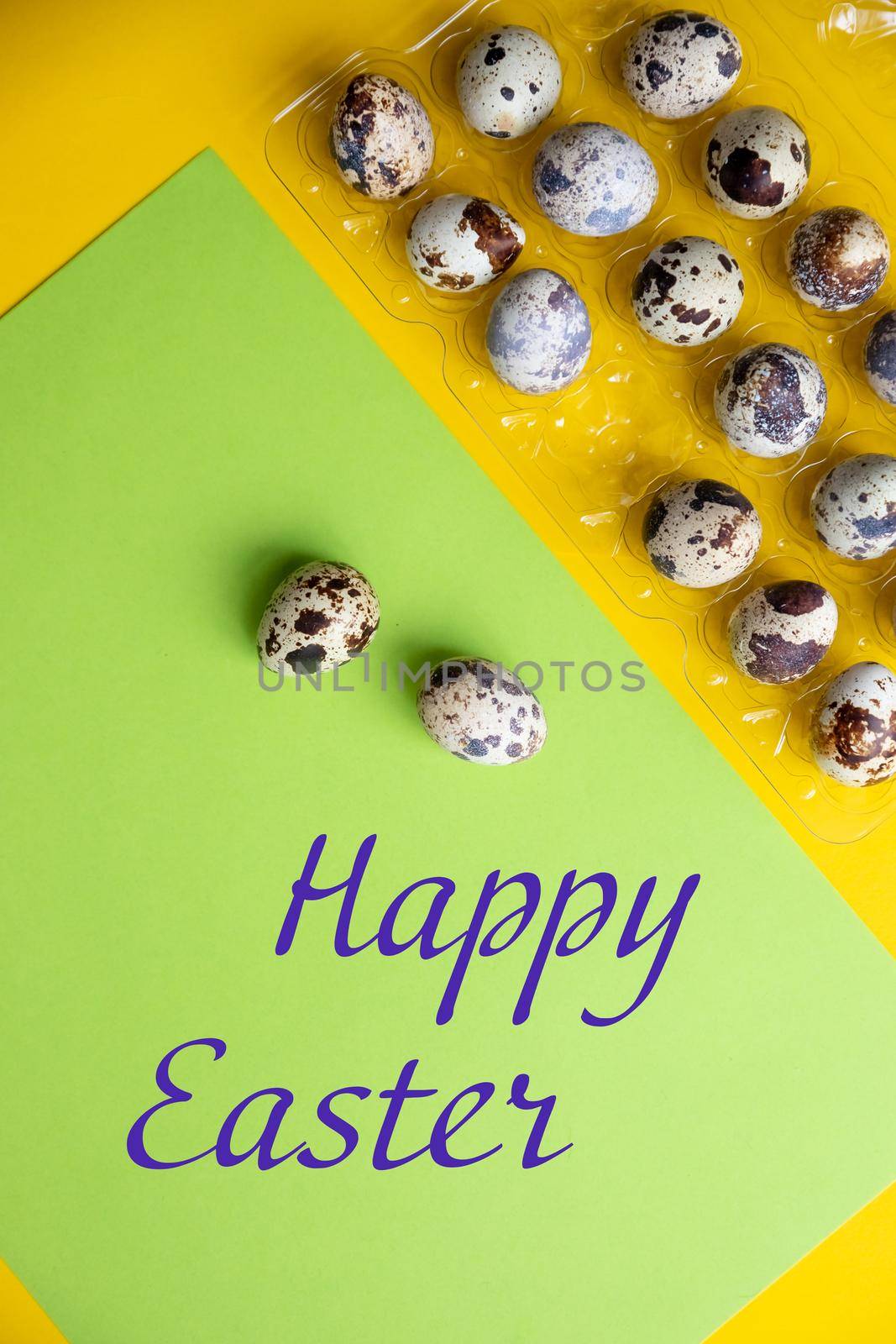 Happy Easter greeting card. Happy Easter text sign handwritten on modern pastel easter eggs