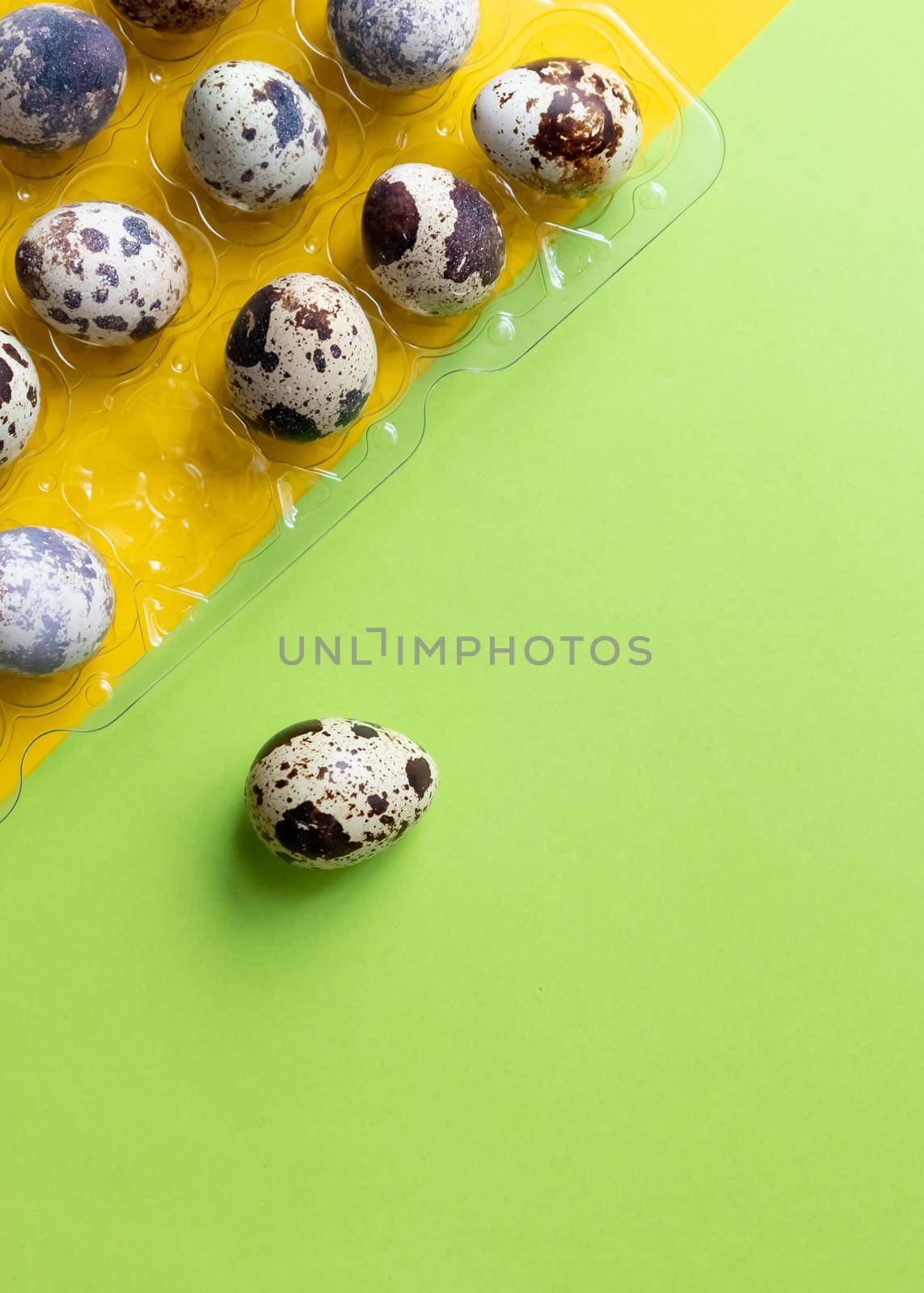 small spotted quail eggs scattered on beige cloth and bouquet of dried blue gypsophila flowers.