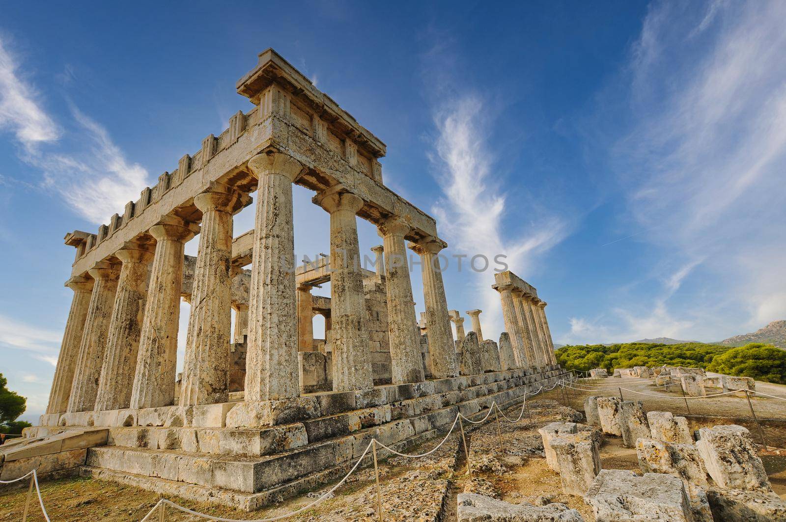 The ancient temple of Athena Aphaea, in Egina (Aegina) island, Argosaronic Gulf, Greece, Europe.