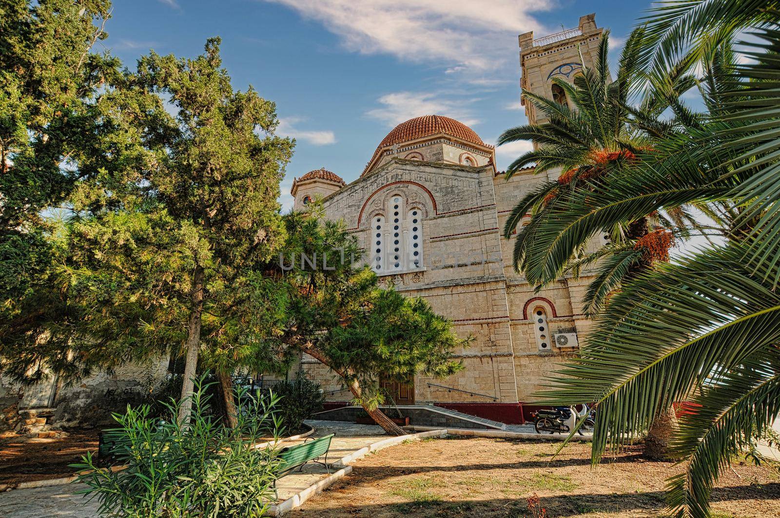 The domed church of Panagitsa on the seafront at Aegina Town on the Greek island of Aegina.