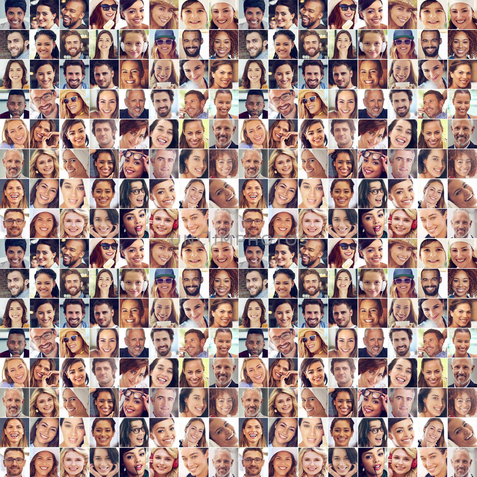 Composite image of a large group of diverse people smiling.