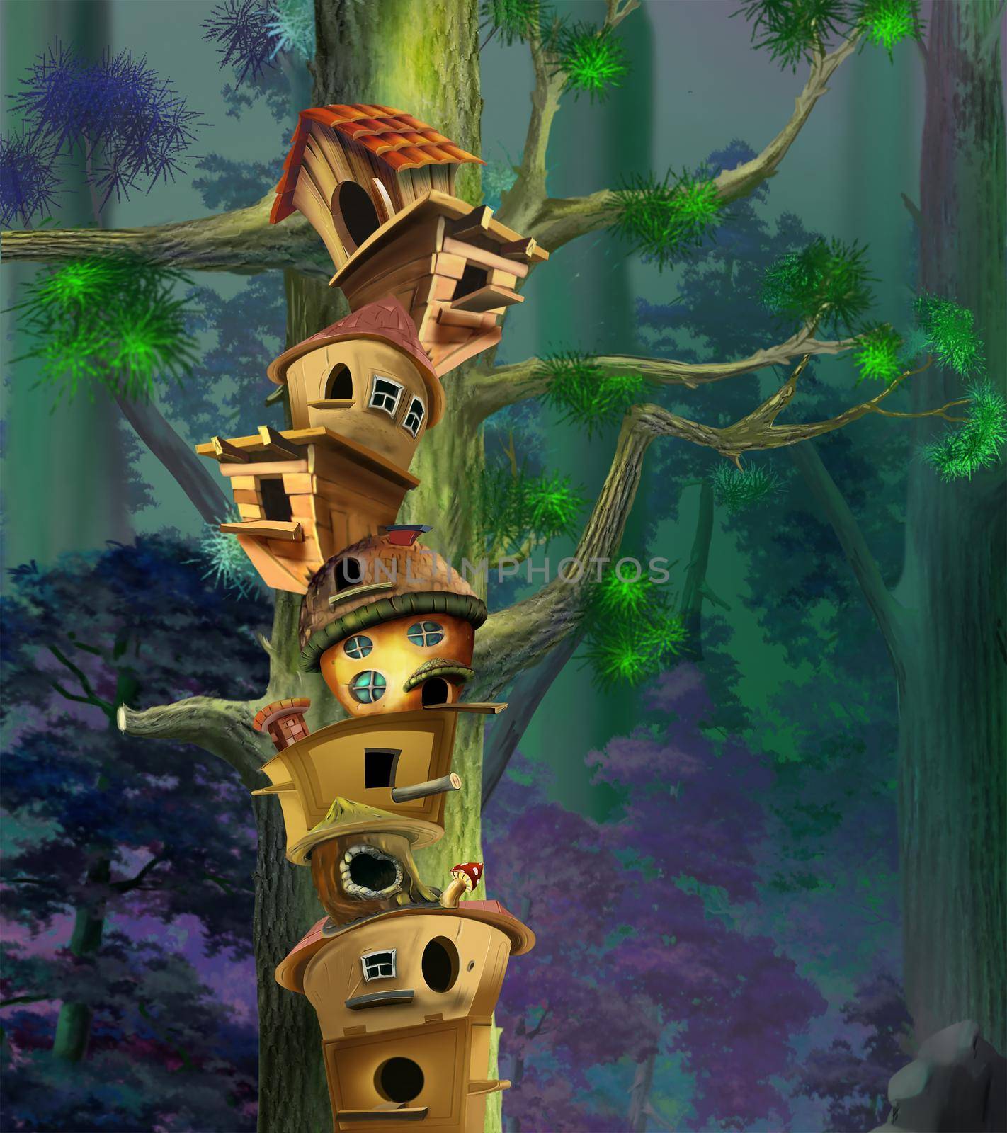 Birdhouses on a big tree in a pine forest. Digital Painting Background, Illustration.