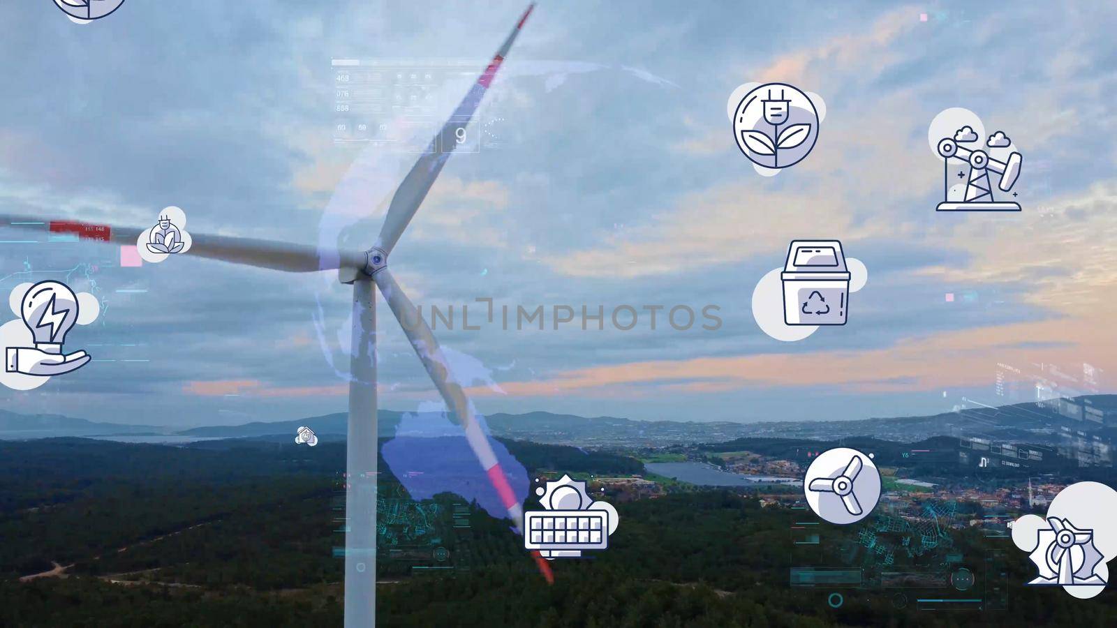 Aerial view over the farm landscape and wind turbines generating clean renewable energy. Renewable energy production for the green ecological world. High quality photo