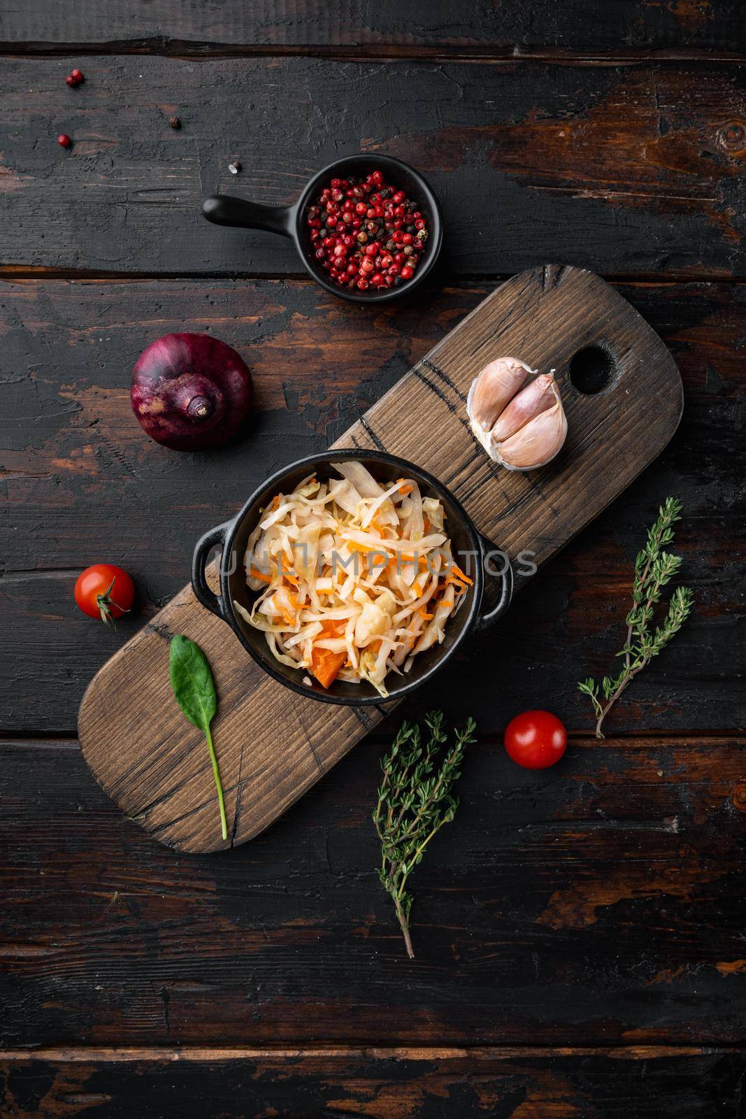 Cabbage preserving set, on old dark wooden table background, top view flat lay