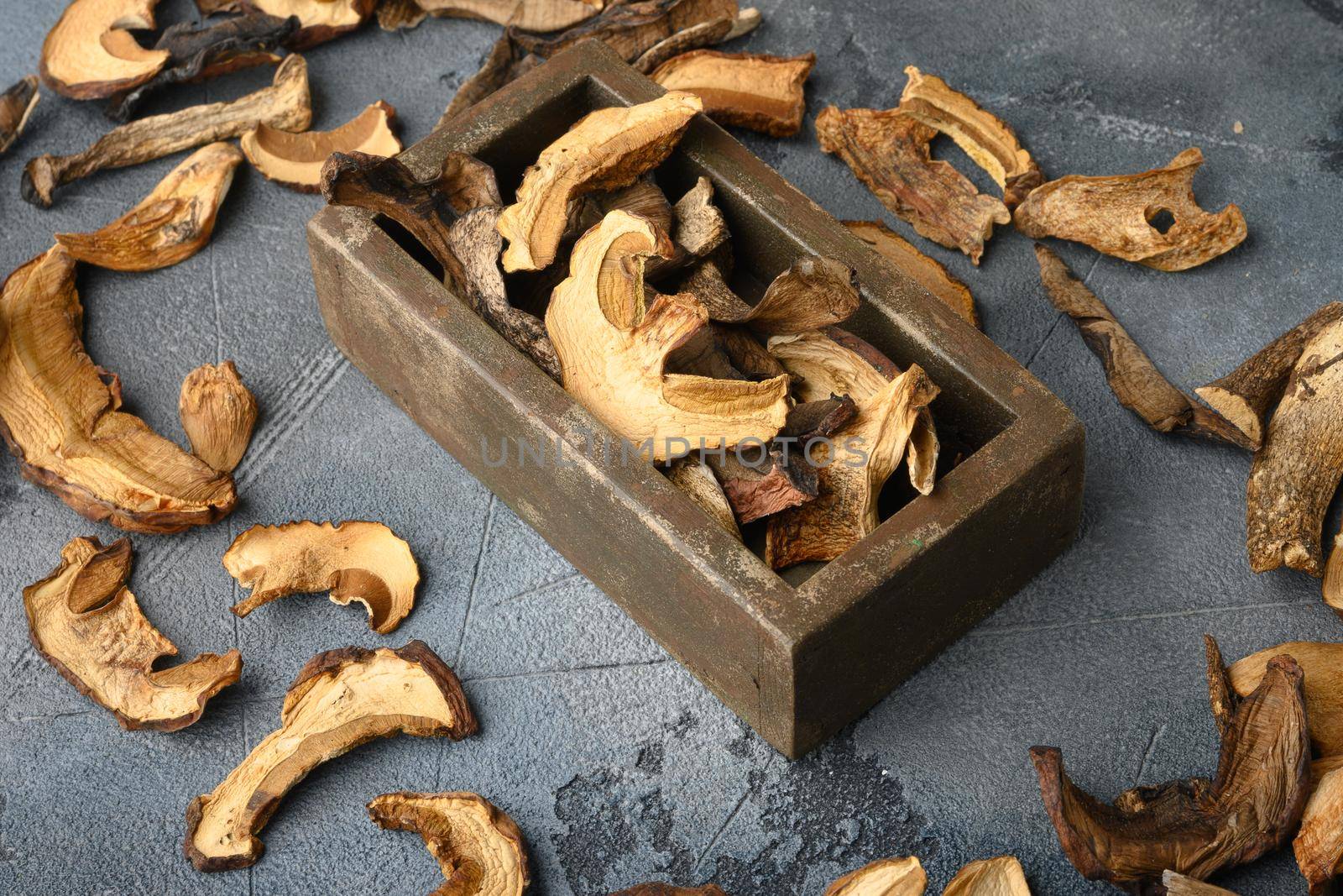 Dried porcini mushrooms set, on gray background