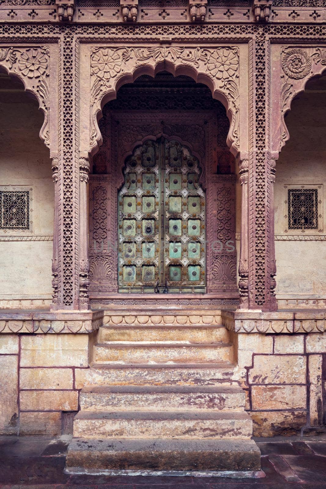 Arched gateway in Mehrangarh fort example of Rajput architecture. Jodhpur, Rajasthan, India