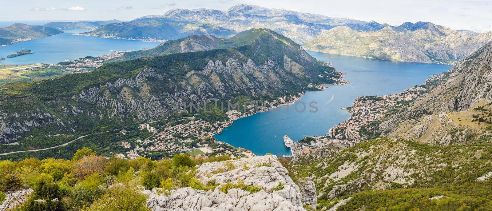 Montenegro. Bay of Kotor, Gulf of Kotor, Boka Kotorska and walled old city. Fortifications of Kotor is on UNESCO World Heritage List since 1979.