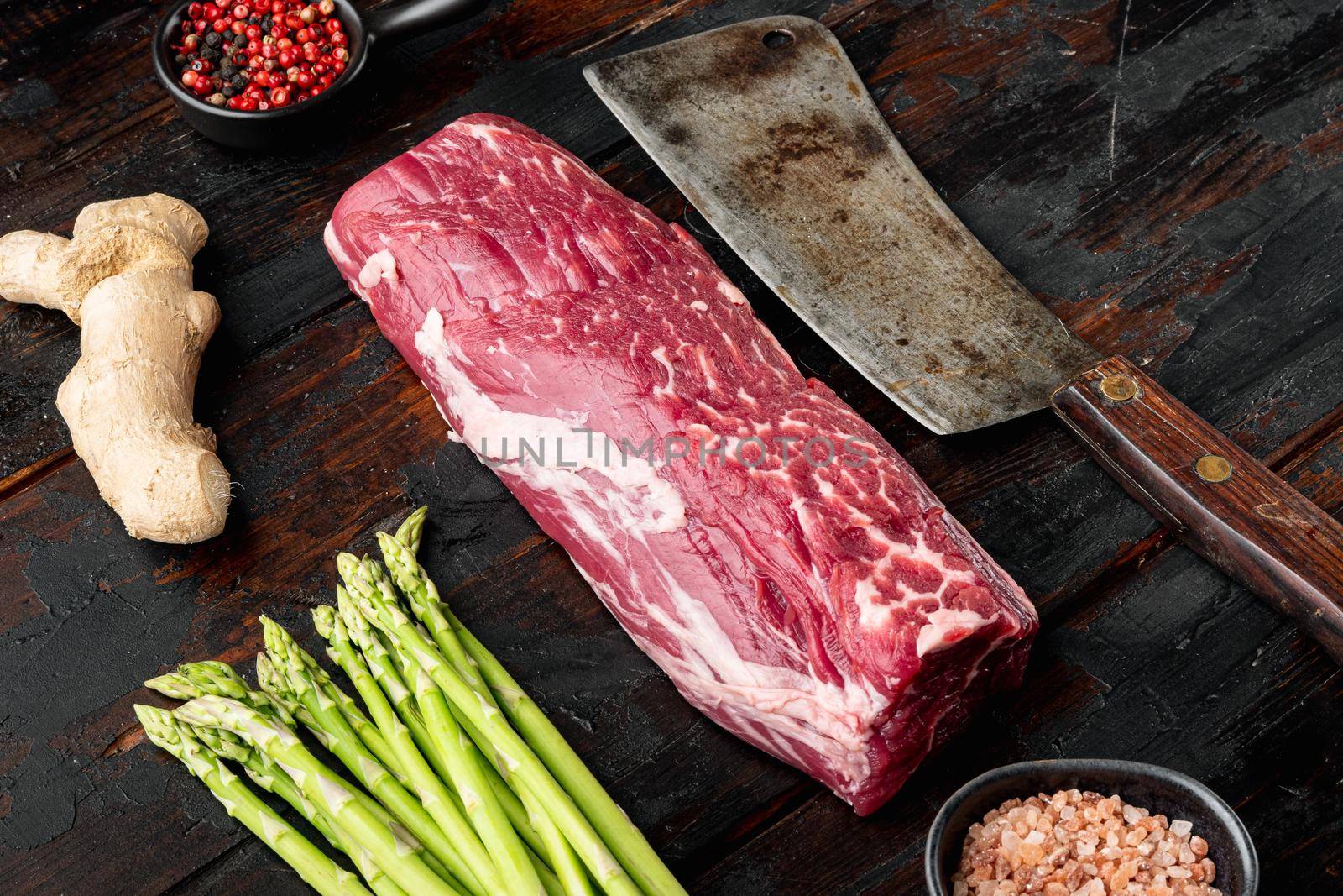 Tenderloin steak. Raw Beef Steak cut , with old butcher cleaver knife, on old dark wooden table background by Ilianesolenyi