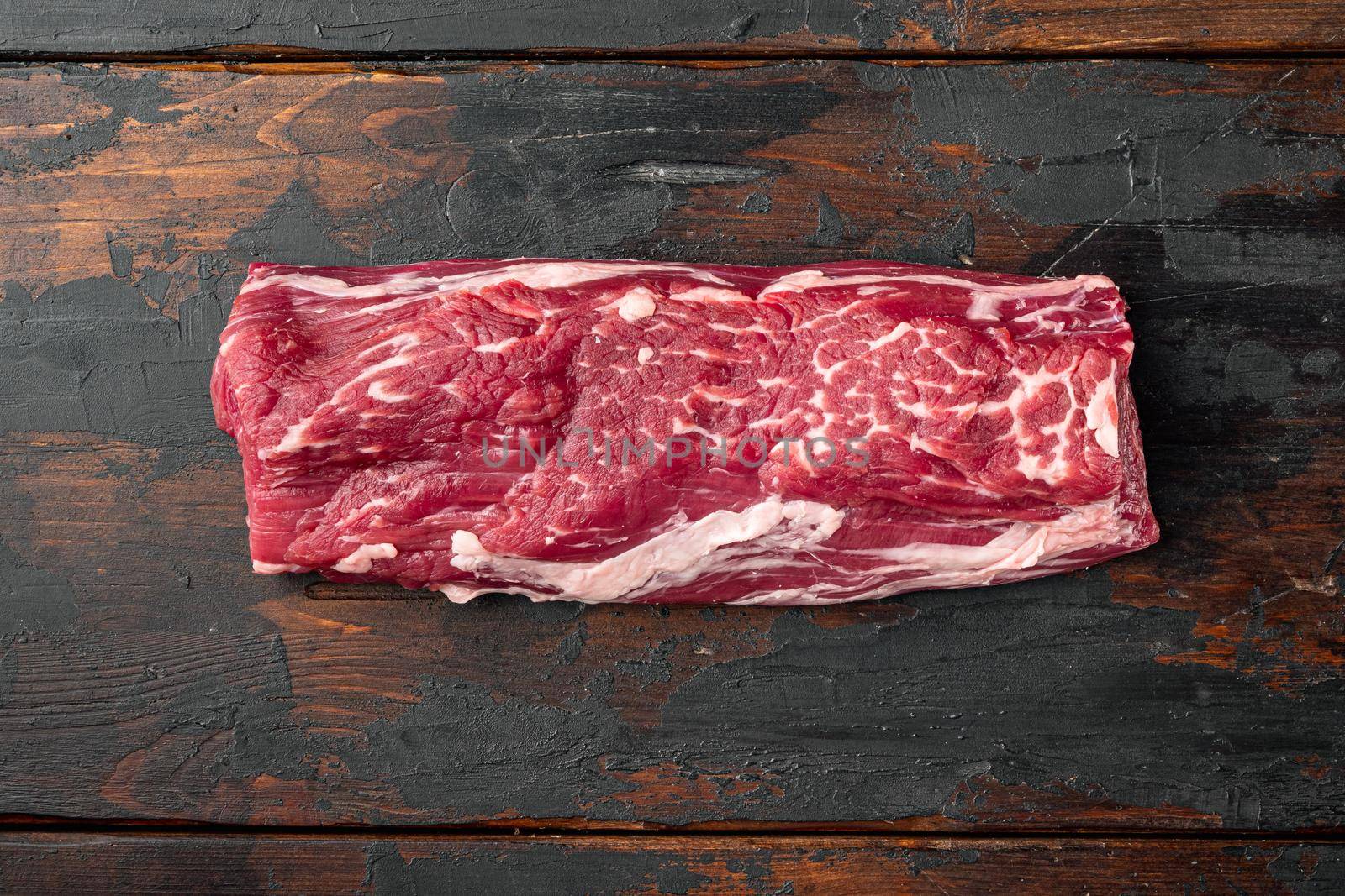 Tenderloin steak. Raw Beef Steak cut set, on old dark wooden table background, top view flat lay, with copy space for text