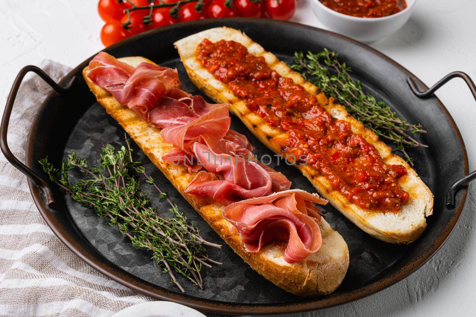 Healthy breakfast with homemade bread toast, on white stone table background by Ilianesolenyi