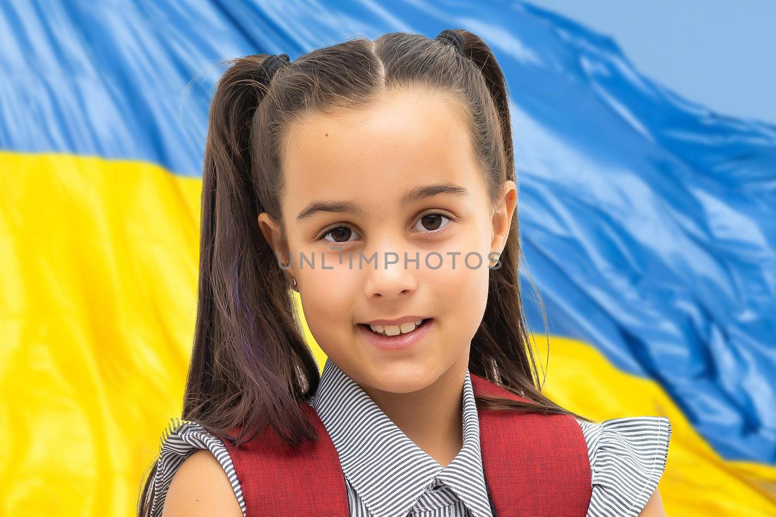 Stop war in Ukraine. teen girl in traditional Ukrainian clothes with Ukrainian flag. Peace in Ukraine concept.