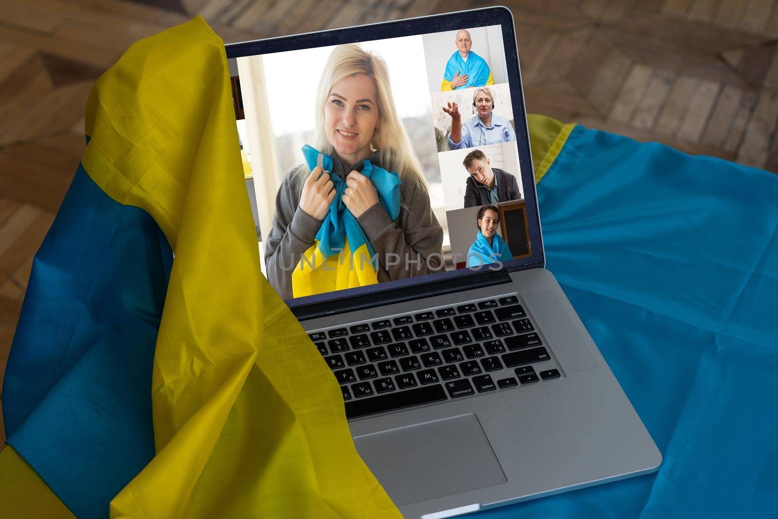 flag of ukraine, young woman teacher working with laptop sitting in classroom. Education, school college university by Andelov13