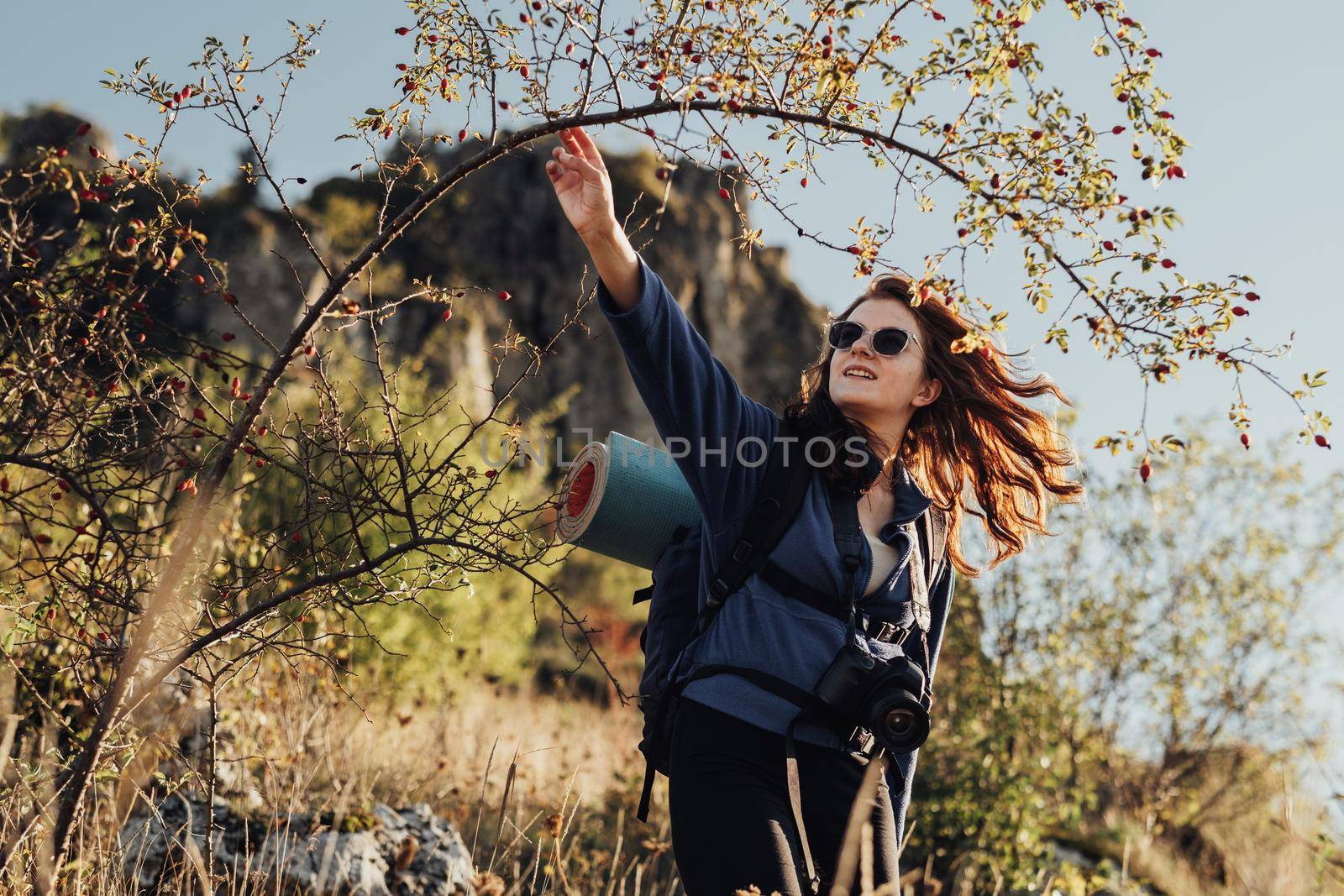 Cheerful Young Travel Woman in Sunglasses With Backpack with Camping Mat and Digital Camera on a Strap Making Her Way Through the Thickets During Her Hike by Romvy