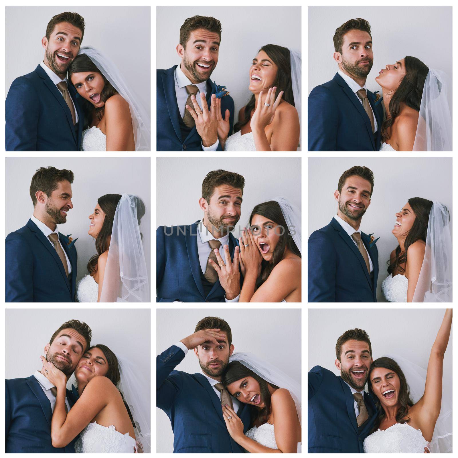 Composite studio image of a newly married young couple in various fun poses against a gray background.