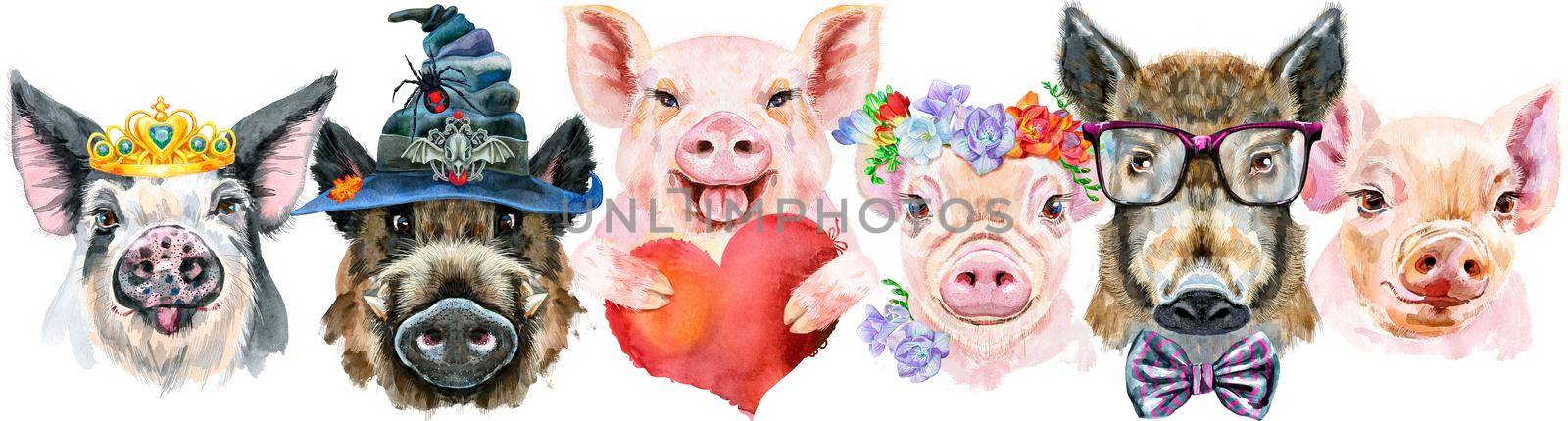 Border from pigs. Watercolor portraits of pigs and boars by NataOmsk