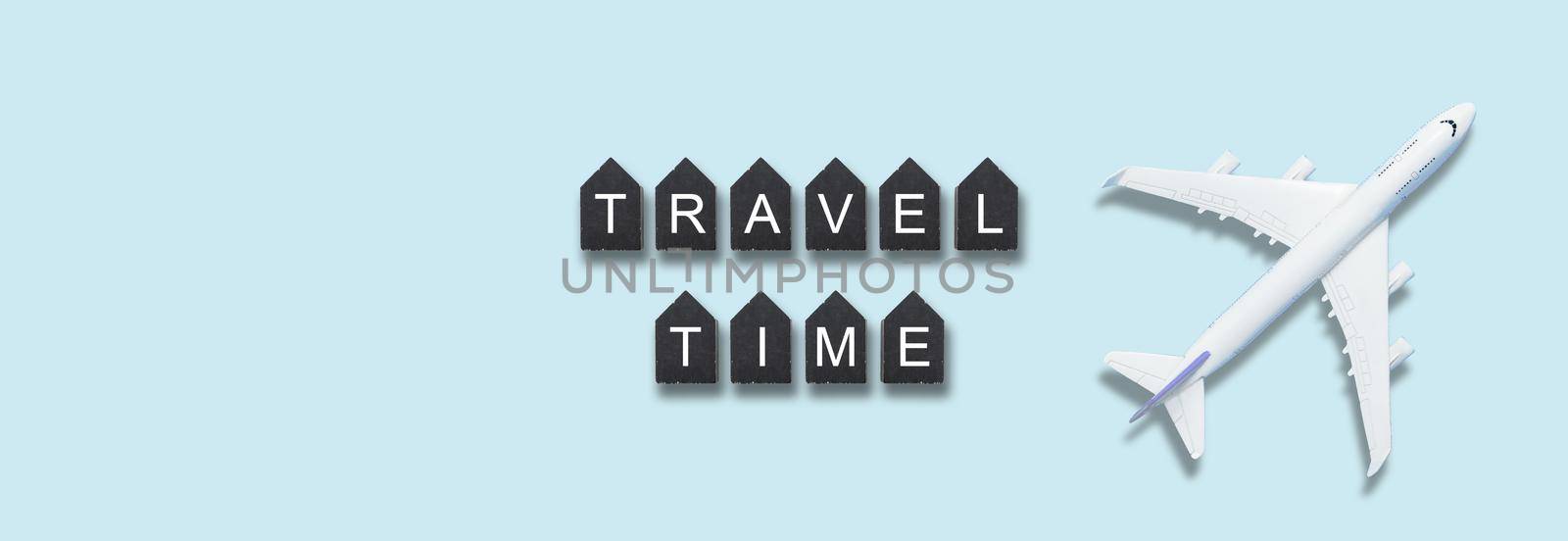 Airplane model. White plane on background. Travel vacation concept. Summer background. Flat lay, top view, copy space. High quality photo