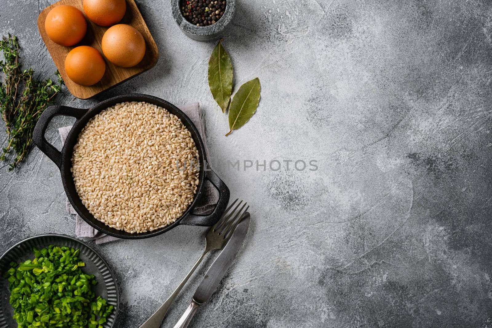 Healthy Organic Tofu and Rice Buddha Bowl ingredients set, on gray stone table background, top view flat lay, with copy space for text