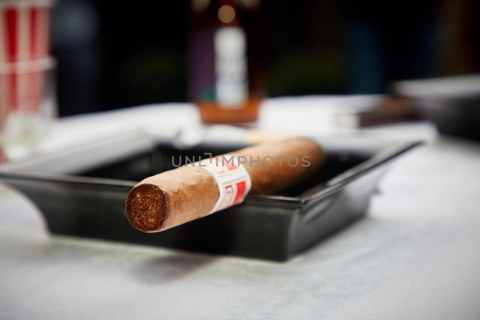 Lit cigar lying in a black ashtray by Milanchikov