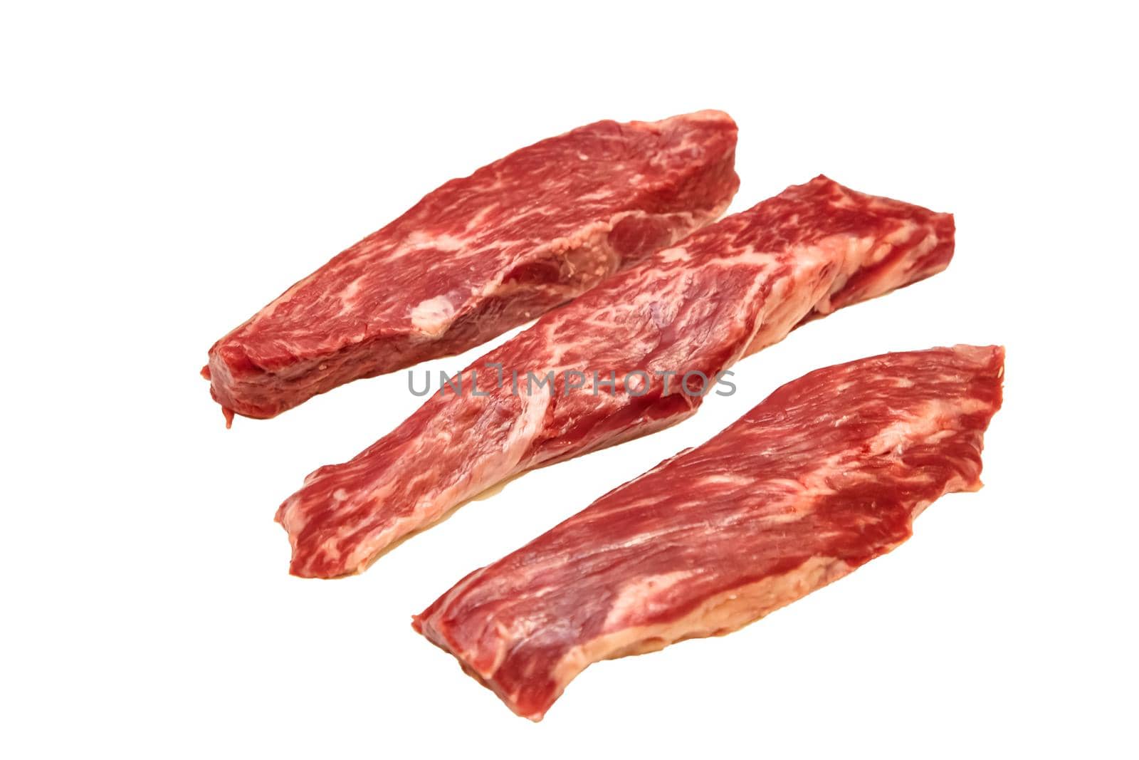 Steak Bottom Sirloin Flap Meat (Bavet) of marbled beef on a white background by Milanchikov