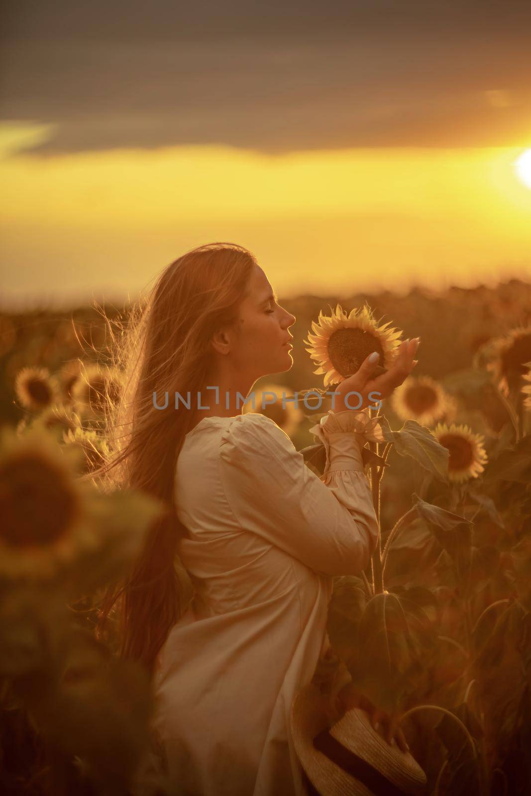 Beautiful middle aged woman looks good in a hat enjoying nature in a field of sunflowers at sunset. Summer. Attractive brunette with long healthy hair. by Matiunina