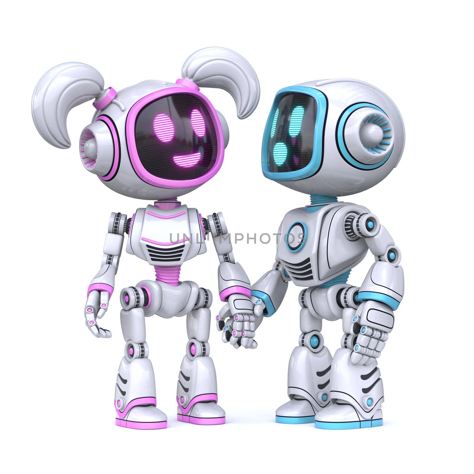 Cute pink girl and blue boy robots holding hands 3D rendering illustration isolated on white background