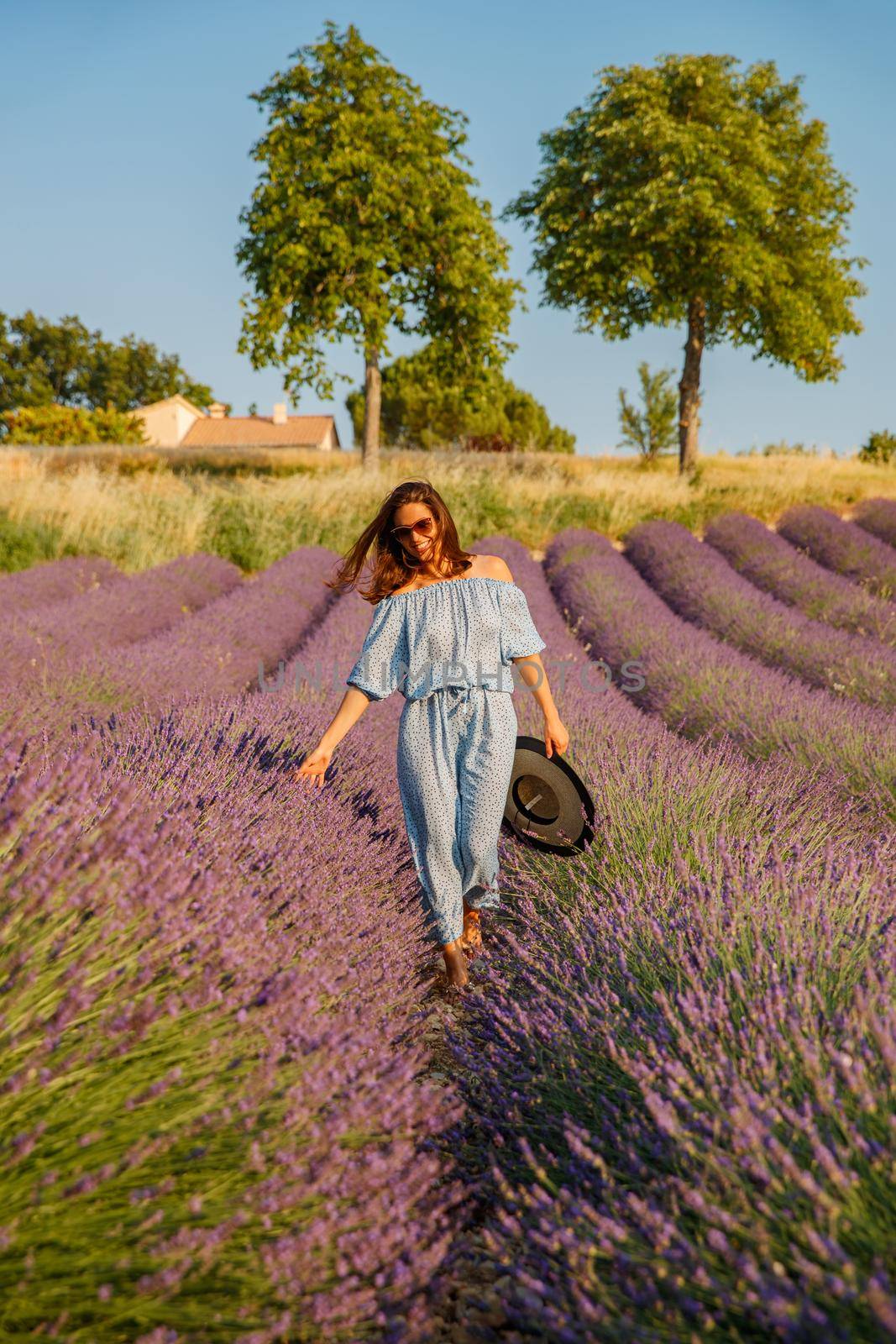 The beautiful young girl in a blue dress walks across the field of a lavender, long curly hair, smile, pleasure, mountains on background, a house of the gardener, trees, perspective of a lavender. High quality photo