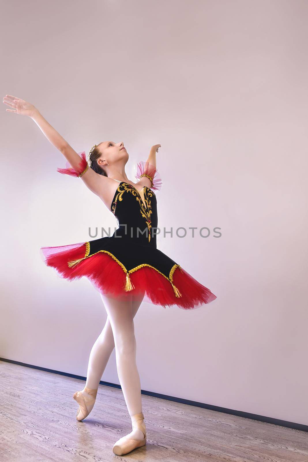 A young ballerina stands gracefully in pointe shoes on her toes in the studio.Ballet student practicing classical dance in studio before performance. by Nickstock