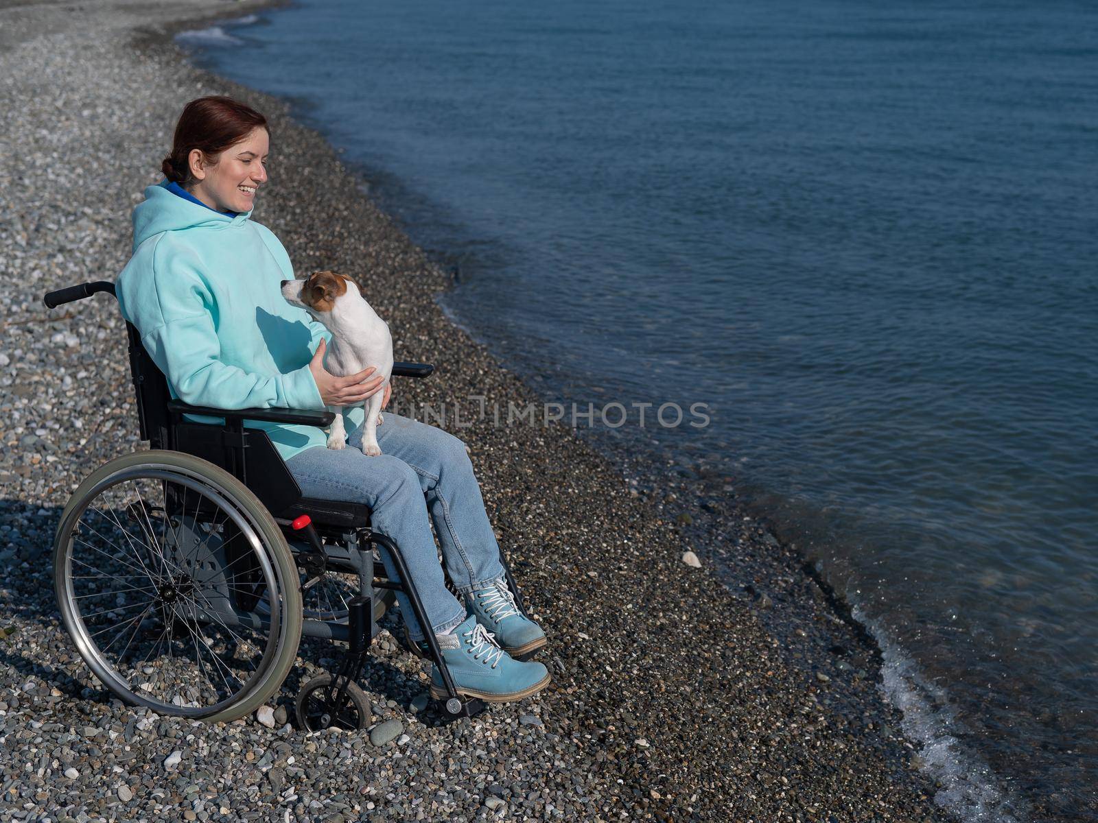 Caucasian woman in a wheelchair with a dog at the sea. by mrwed54