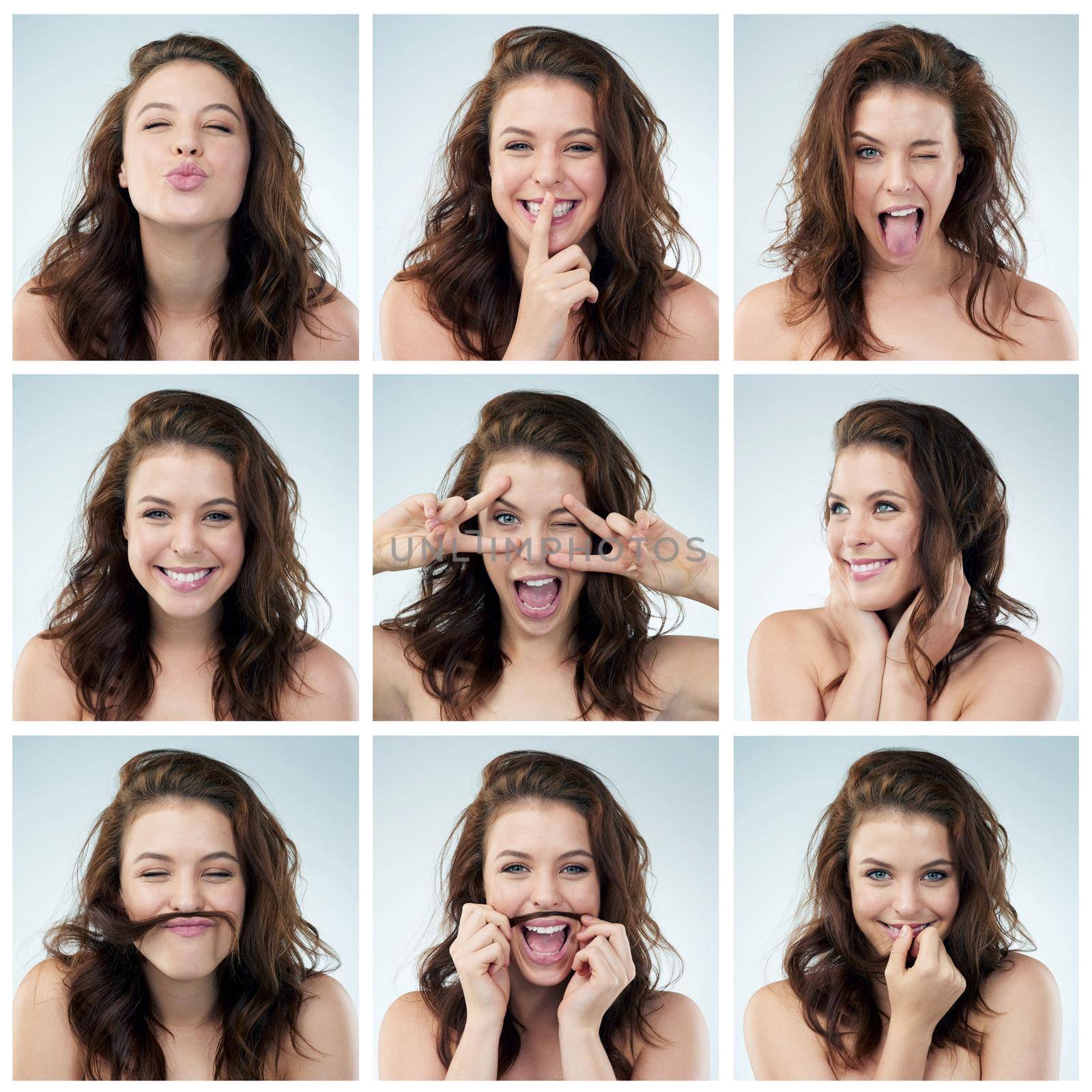 Composite image of a young woman doing different expressions.
