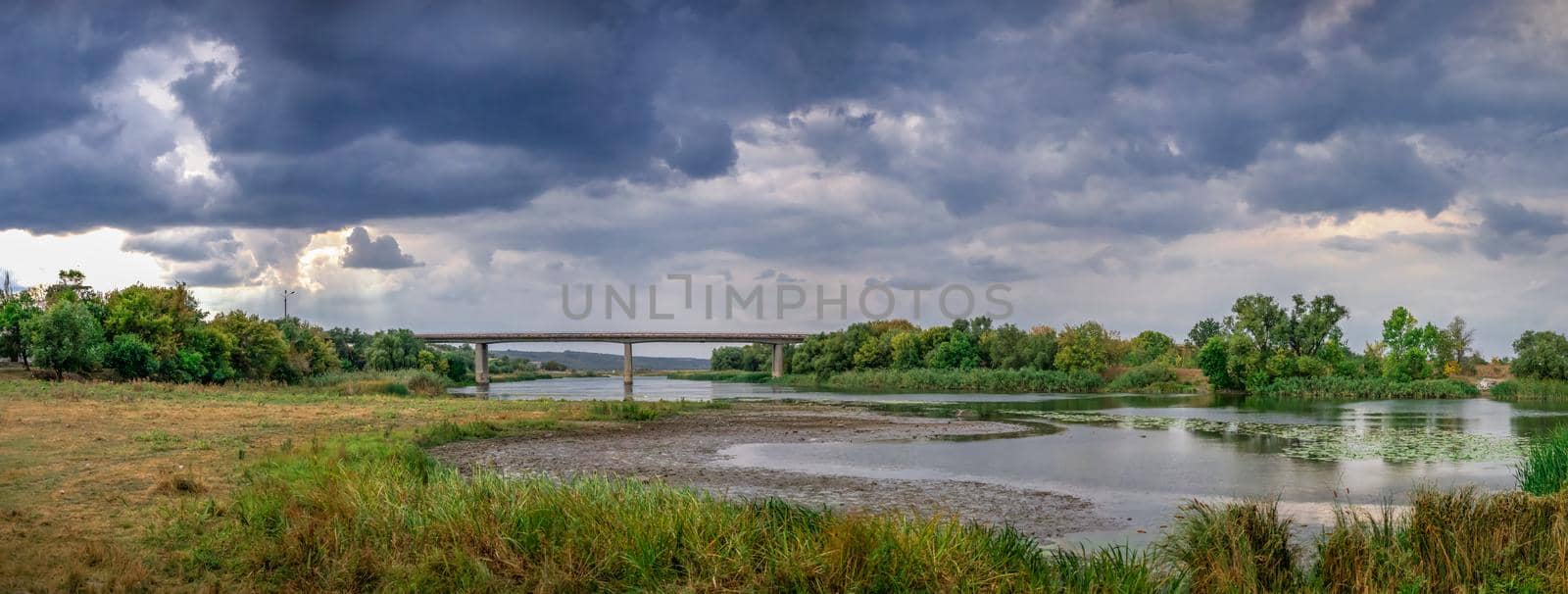 Southern Bug river in Mykolaiv region of Ukraine on a gloomy autumn evening