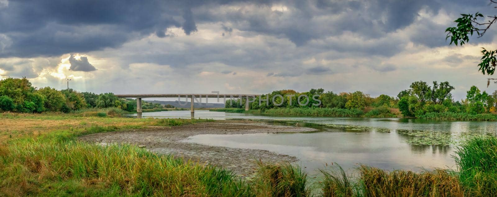 Southern Bug river in Mykolaiv region of Ukraine on a gloomy autumn evening