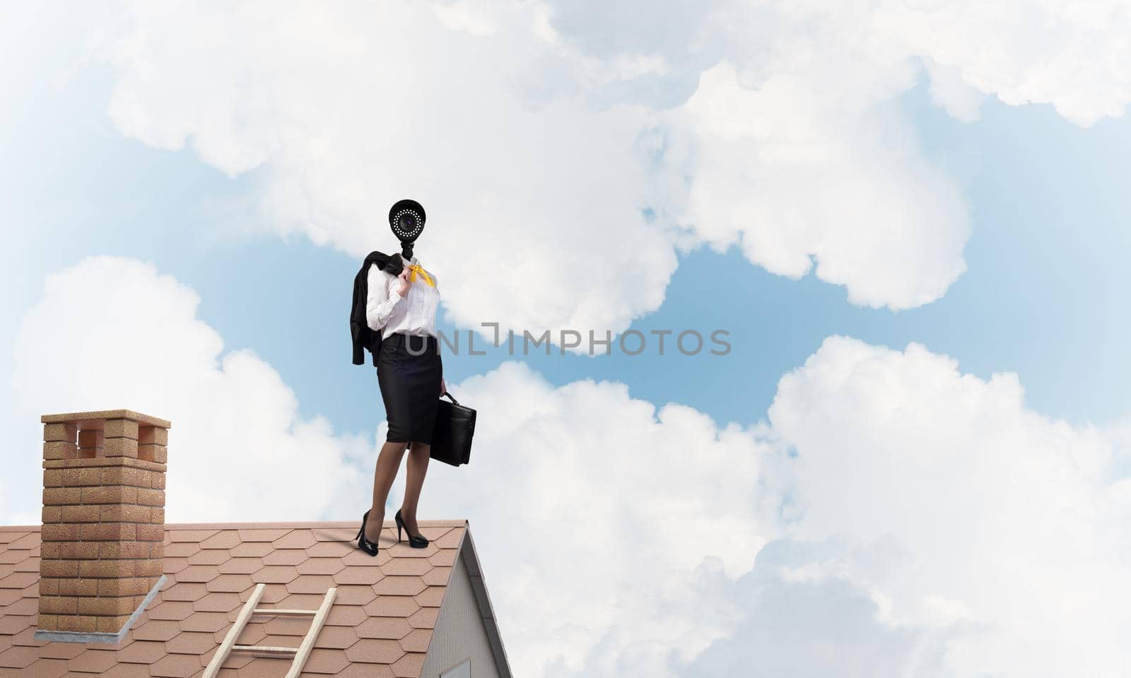 Faceless businesswoman with camera zoom instead of head standing on house roof