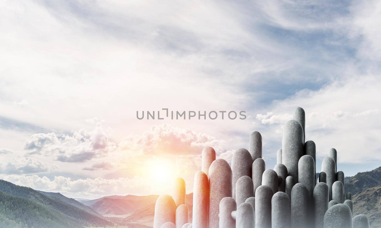 Image of high and huge stone columns located outdoors with beautiful landscape on background. Wallpaper, backdrop with copyspace.