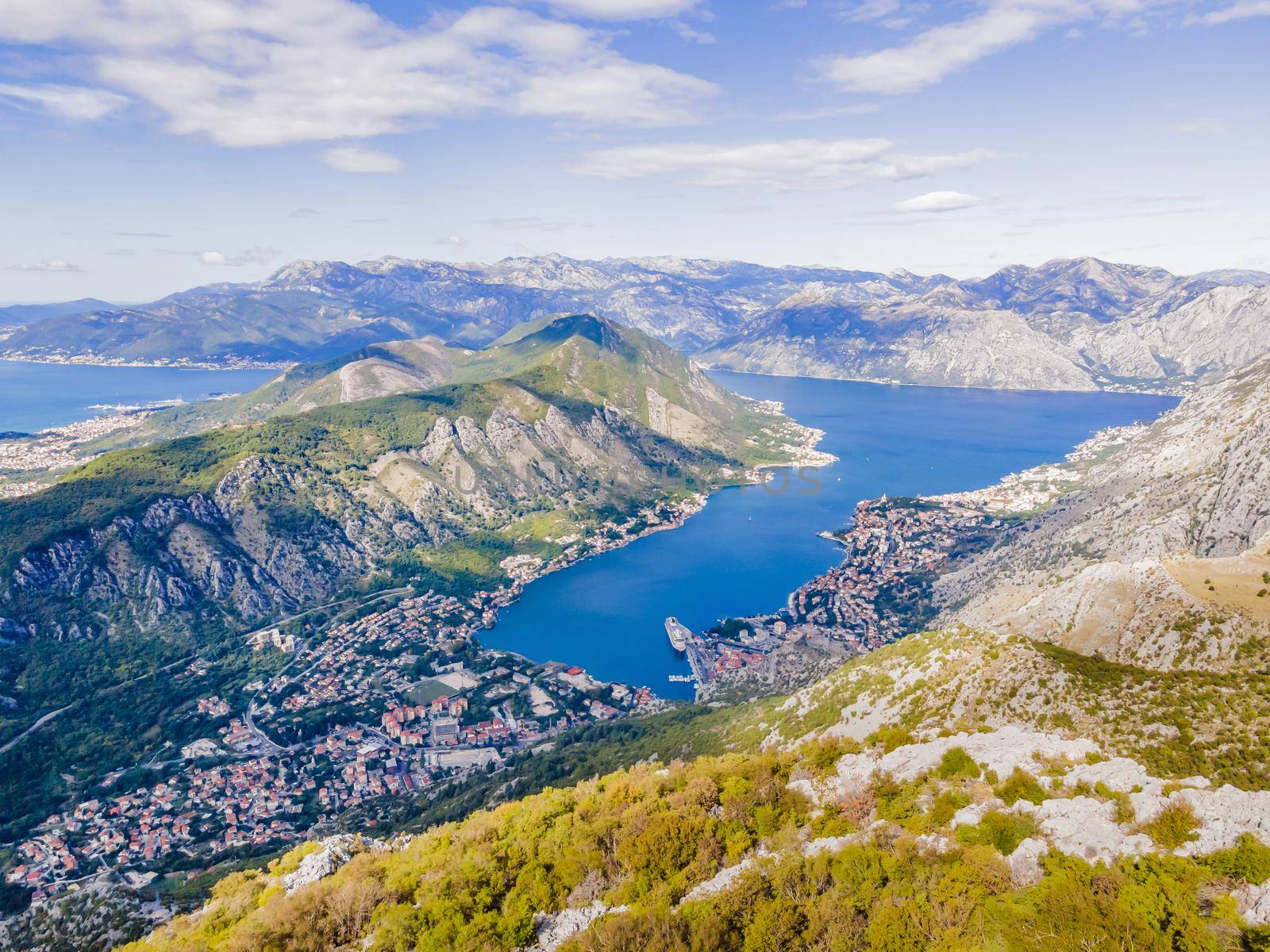 Montenegro. Bay of Kotor, Gulf of Kotor, Boka Kotorska and walled old city. Fortifications of Kotor is on UNESCO World Heritage List since 1979.