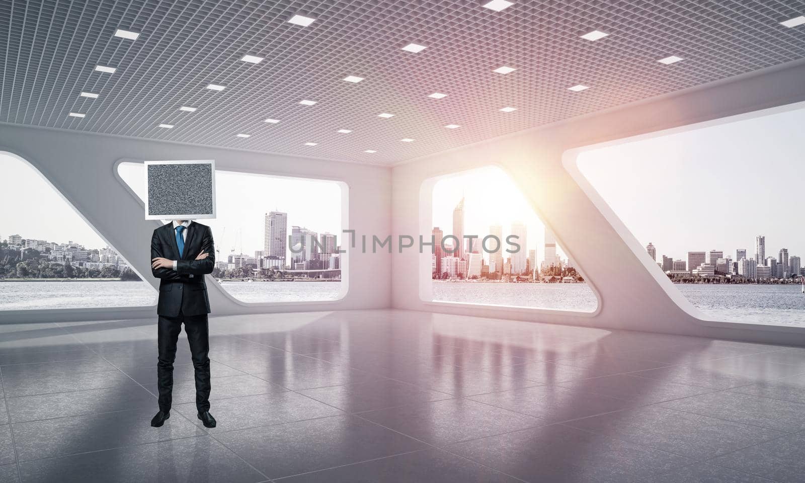 Businessman in suit with monitor instead of head keeping arms crossed while standing inside office building. 3D rendering.