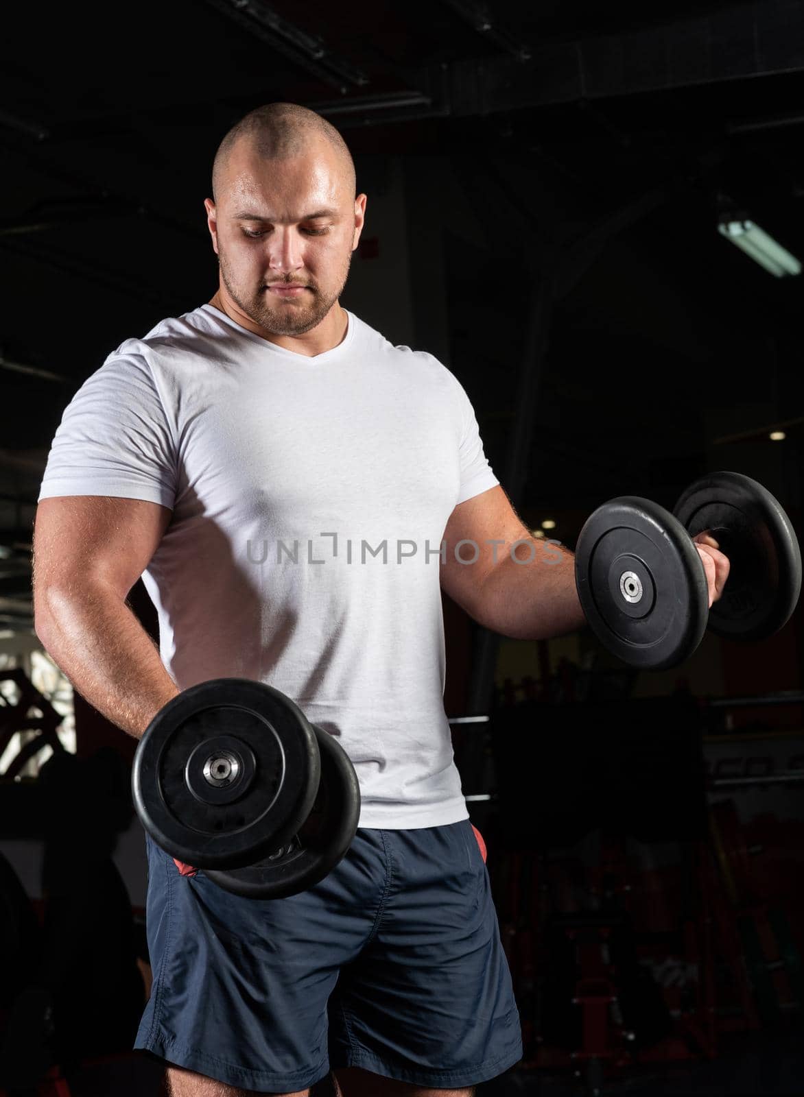 Male bodybuilder engaged with dumbbells in the gym. Healthy lifestyle