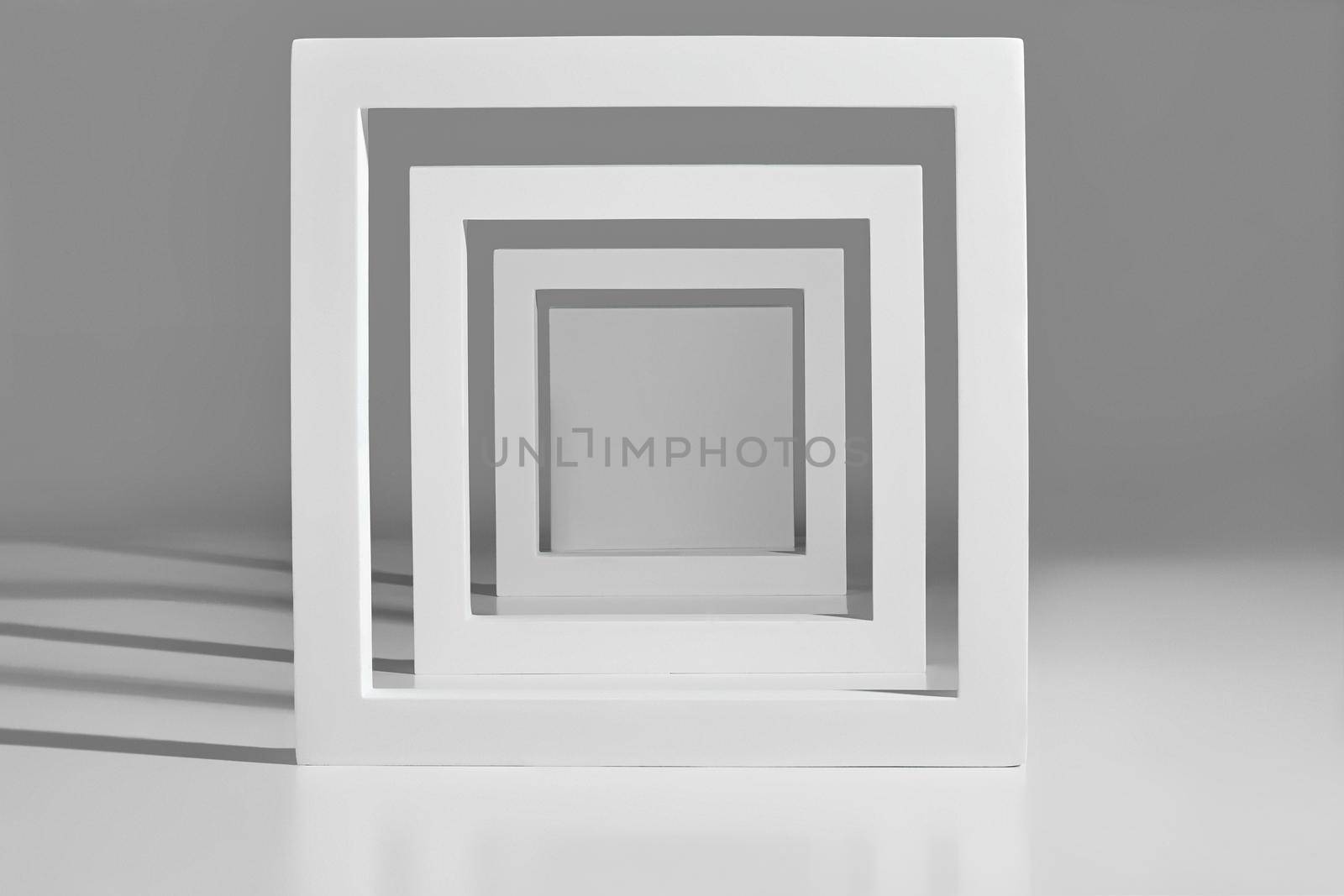 White square podium frames of different sizes on gray background. Concept of stage for product promotion, sale, presentation. Minimalist showcase layout