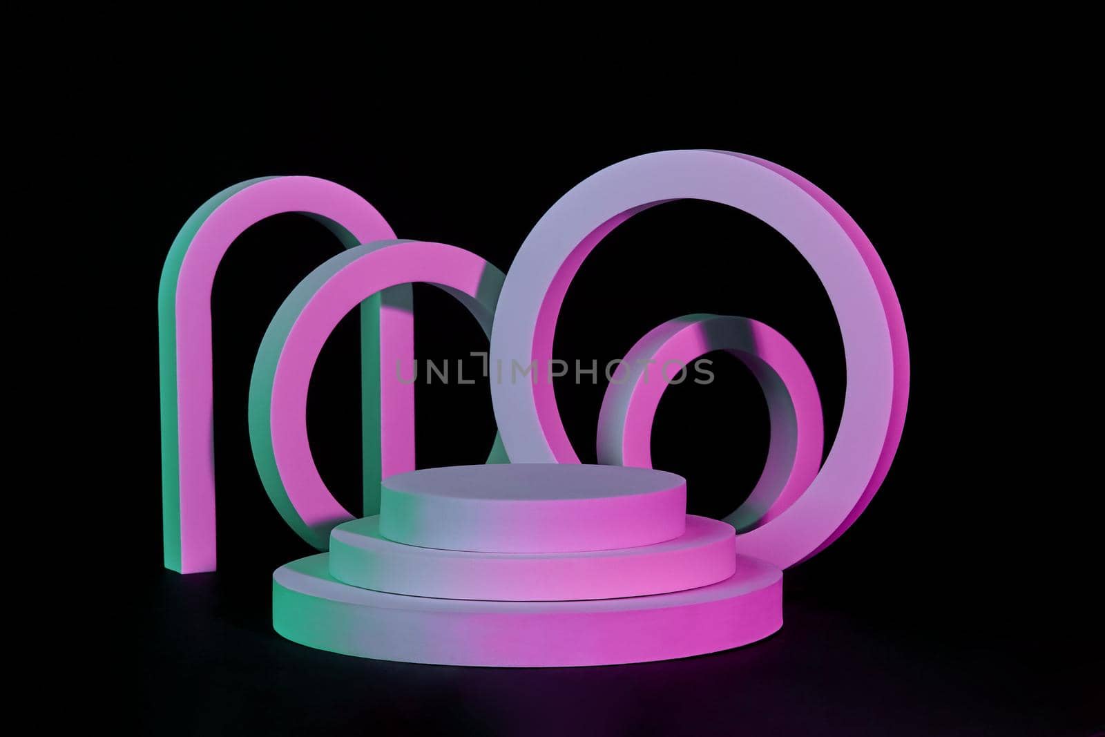 Purple cylindrical three-step pedestal with round frames of different sizes and archway on black background. Geometric podium design for product presentation. 3D rendering