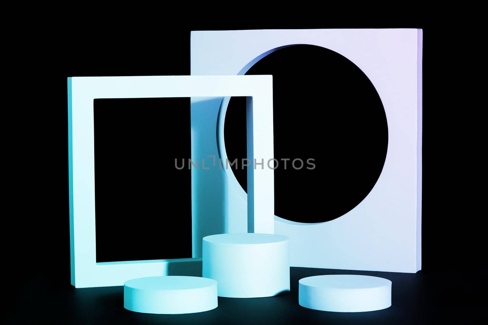 Light blue cylindrical platformes and square on black background by nazarovsergey