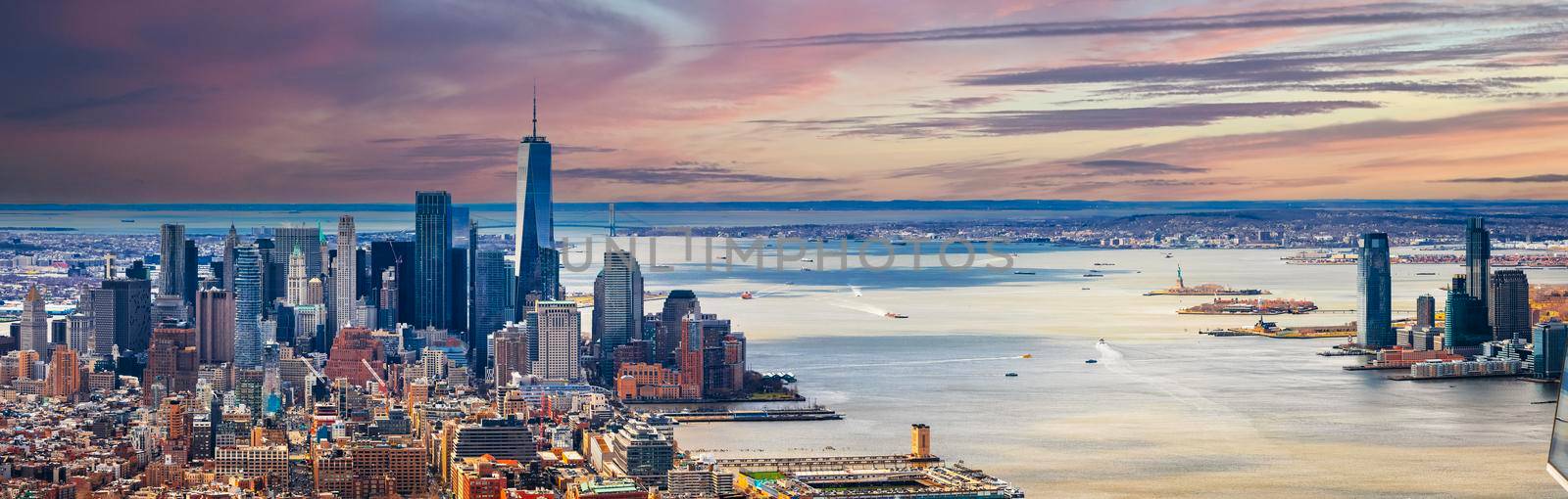 New York City and New Jersey skyline panoramic sunset view, United States of America