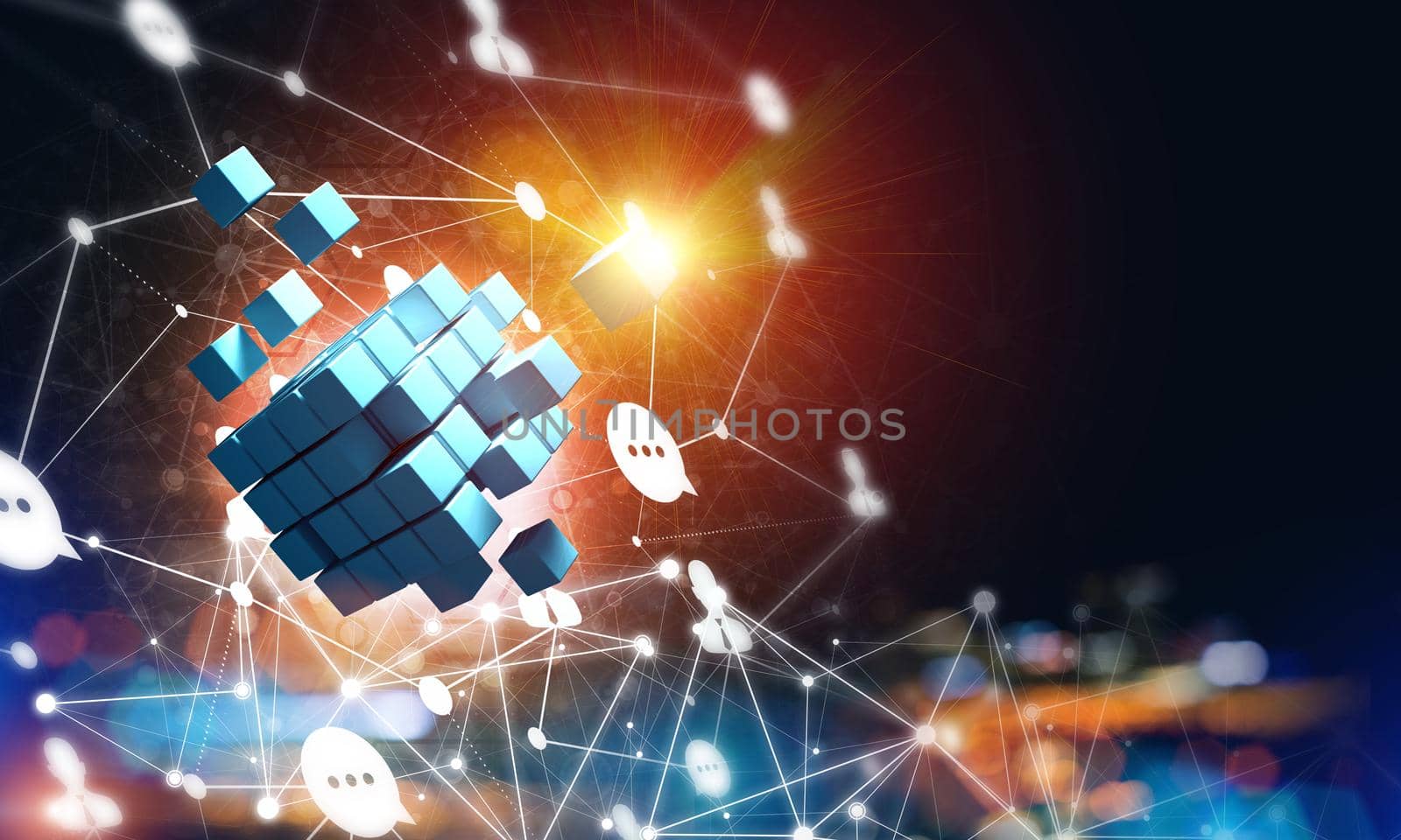 Conceptual background image with cube figure and social connection lines. 3d rendering